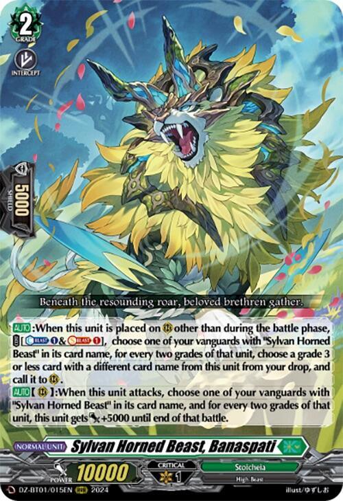 The Sylvan Horned Beast, Banaspati (DZ-BT01/015EN) [Fated Clash] trading card from Bushiroad features an illustration of a mythical beast with large, colorful horns, fangs, and ornate armor. Text details its abilities, stats, and effects over green design elements. The title reads "Sylvan Horned Beast, Banaspati.