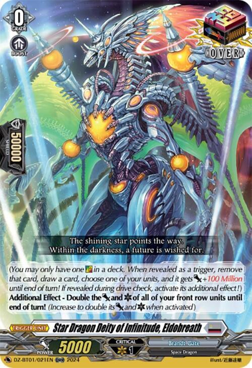 A colorful trading card titled "Star Dragon Deity of Infinitude, Eldobreath (ORR) (DZ-BT01/021EN) [Fated Clash]," from Bushiroad with a power of 5000. The illustration features a majestic, armored Space Dragon entity with glowing wings and cosmic elements. Text at the bottom provides a detailed game effect description for the Fated Clash.