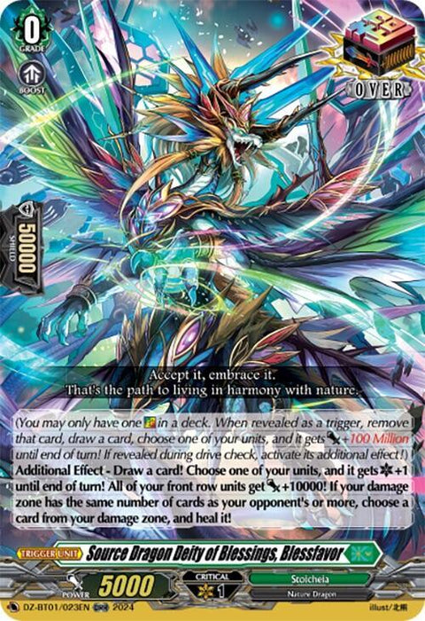 An intricately illustrated trading card for "Source Dragon Deity of Blessings, Blessfavor (ORR) (DZ-BT01/023EN) [Fated Clash]" from the game Cardfight!! Vanguard by Bushiroad. The card features a Nature Dragon with vibrant, colorful wings and ethereal, glowing elements. Key stats: Grade 0, 5000 power, with detailed text and effects.