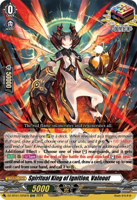 Image of a trading card named "Spiritual King of Ignition, Valnout (ORR) (DZ-BT01/025EN) [Fated Clash]" from the Bushiroad series. The card has a dark, fiery background showcasing the Fated Clash scene with the imposing character, who has red horns, multiple arms, and flames surrounding them. The card details various abilities and stats.