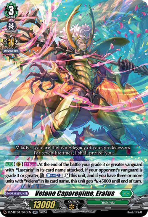 A trading card featuring "Veleno Caporegime, Erafus (DZ-BT01/043EN) [Fated Clash]," a humanoid character with white hair, multicolored armor, and wielding a large weapon from Bushiroad. The vibrant background swirls with colors. This Rarity RR card includes Twin Drive abilities and stats, boasting an impressive power of 13000.