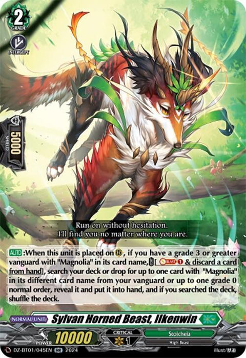 A trading card features "Sylvan Horned Beast, Ilkenwin (DZ-BT01/045EN) [Fated Clash]," a mystical creature resembling a deer with large antlers adorned with foliage, native to the realm of Stoicheia. The creature stands in a lush forest with green light filtering through the trees. The card includes various stats and abilities, emphasizing its unique capabilities in play. This product is offered by Bushiroad.