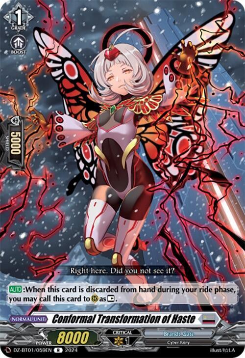 A fantasy card features a Cyber Fairy with white hair, red and black butterfly wings, and a form-fitting outfit with red, white, and gold details. The background is filled with red lightning and an abstract design. Text at the bottom provides the character's abilities and stats: 8000 power, 1 grade, 1 critical. The card is Conformal Transformation of Haste (DZ-BT01/059EN) [Fated Clash] by Bushiroad.