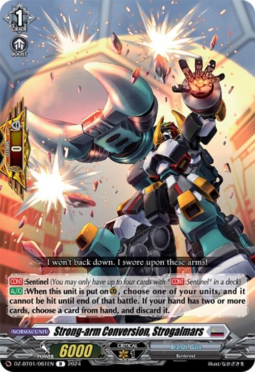 A card from the game Cardfight!! Vanguard. The Battleroid "Strong-arm Conversion, Strogalmars (DZ-BT01/061EN) [Fated Clash]" from Bushiroad boasts large mechanical arms and a fiery background. Stationed at Brandt Gate, it has several stats and abilities, including a power level of 6000 and a critical value of 1.