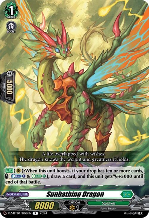 An illustrated card from the trading card game Cardfight!! Vanguard features a dragon named "Sunbathing Dragon (DZ-BT01/068EN) [Fated Clash]." This Forest Dragon, green with yellow accents and red markings, is surrounded by vibrant foliage. Text at the bottom includes card statistics and descriptions, detailing its abilities and effects. The game is produced by Bushiroad.