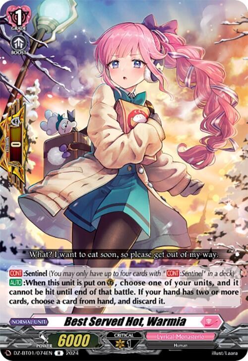 Anime-style card featuring a pink-haired girl in a winter scene. The character has twin tails, is wearing a cozy coat, and appears annoyed. Text at the bottom reads 