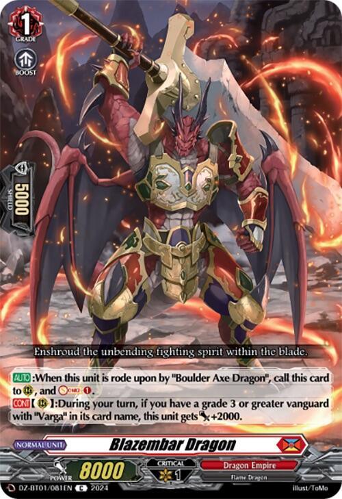 A card from the trading card game Cardfight!! Vanguard featuring "Blazembar Dragon (DZ-BT01/081EN) [Fated Clash]" of the Dragon Empire. It showcases a fierce humanoid Flame Dragon in ornate red and gold armor, wielding a glowing axe. The background is a dark, fiery landscape. Text describes the card's abilities: 8000 power, 5000 shield, and Grade 1. This product is from Bushiroad.