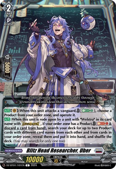 A detailed image of a trading card named "Blitz Head Researcher, Uber (DZ-BT01/101EN) [Fated Clash]" from Bushiroad. The card boasts a 10000 power rating and 5000 shield. The character depicted has long blue hair, glasses, and a lab coat with purple accents. The card includes game mechanics like Energy-Blast 3 and description text.