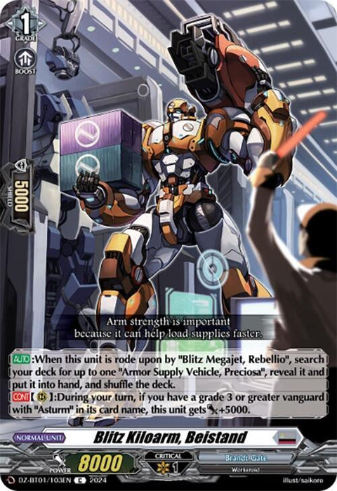 A trading card features a highly detailed, orange and white armored robot named "Blitz Kiloarm, Beistand (DZ-BT01/103EN) [Fated Clash]." It holds a metal container with green energy. The card includes various stats and abilities in multiple text boxes, emphasizing arm strength and strategic gameplay mechanics in a fated clash by Bushiroad.