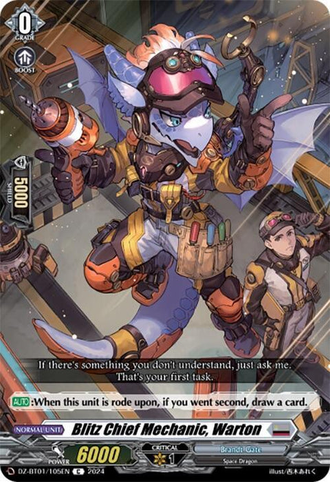 A trading card featuring Blitz Chief Mechanic, Warton (DZ-BT01/105EN) [Fated Clash], a Space Dragon adorned in orange and purple mechanical armor with tools. Warton's stats and abilities are displayed along with an illustrated backdrop of a factory setting within Brandt Gate, complete with industrial elements and supporting characters by Bushiroad.