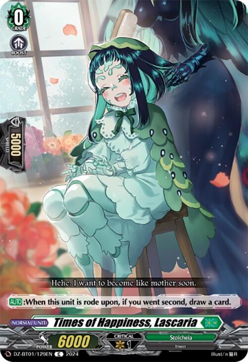 A green-haired girl with a leaf-themed outfit and hat sits joyfully on a flower. She has light green eyes and a big smile. The card name is "Times of Happiness, Lascaria (DZ-BT01/129EN) [Fated Clash]" with 6000 power and grade 0 from the Stoicheia faction in the card game by Bushiroad. The quote reads, "Hehe. I want to become like mother soon." The card also