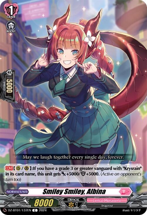 A trading card featuring a red-haired girl with fox ears and two fox tails, dressed in a school uniform with a blue blazer. She smiles and poses with her hands clasped. Text reads "May we laugh together every single day, forever." The card name is "Smiley Smiley, Albina (DZ-BT01/137EN) [Fated Clash]" from Bushiroad.