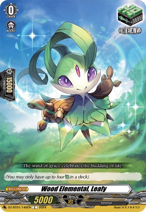 A card from the game Cardfight!! Vanguard features a creature named "Wood Elemental, Leafy (DZ-BT01/146EN) [Fated Clash]." With green leaves, a white face, and glowing elements in a mystical forest background, it’s described as a "Heal" trigger unit. Perfect for your next Fated Clash! This product is by Bushiroad.