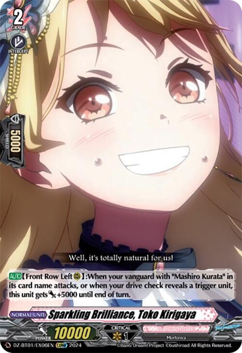 A trading card featuring an animated character with long, light brown hair adorned with a pink bow. She is smiling brightly, displaying her teeth. The background has a soft gradient, and the card contains text detailing her abilities and stats. Named "Sparkling Brilliance, Toko Kirigaya (EXRRR) (DZ-BT01/EX06EN) [Fated Clash]," this is a gem from the Bushiroad series.