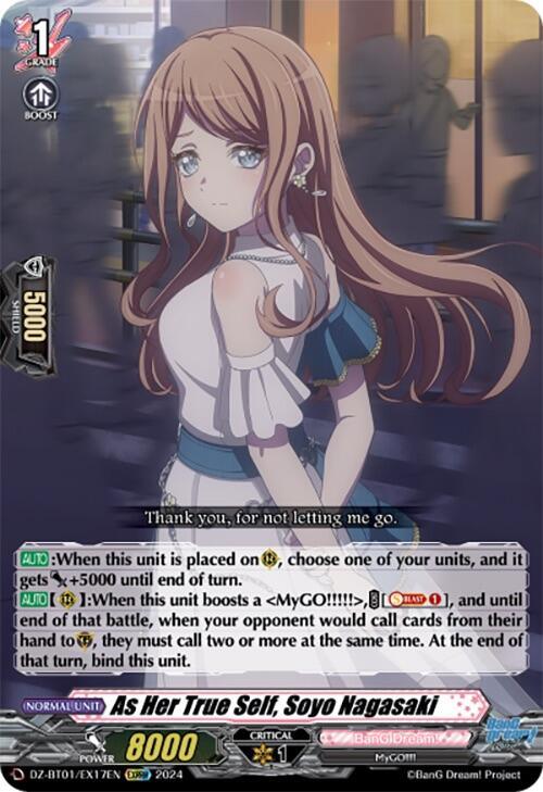 A card from the BanG Dream! series features Soyo Nagasaki with flowing long hair. She stands in a city setting, wearing a white blouse with a frilled neckline and a ribbon. The text includes abilities and stats such as power level 8000, critical 1, and the card name "As Her True Self, Soyo Nagasaki (EXRRR) (DZ-BT01/EX17EN) [Fated Clash]" from Bushiroad.