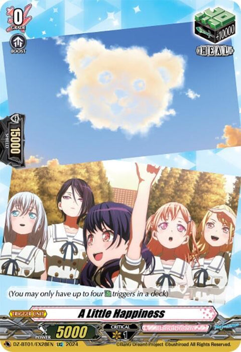 A trading card titled "A Little Happiness (EX28) (EXC) (DZ-BT01/EX28EN) [Fated Clash]" by Bushiroad features six anime girls in school uniforms, looking up at a blue sky with a heart-shaped cloud. The card displays various stats: 5000 power, 10000 heal triggers, level 0 boost, and a maximum of four triggers in a deck.