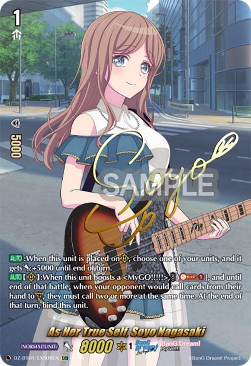 A trading card features a young woman with long brown hair, wearing an off-the-shoulder blue and white dress. She's playing a red electric guitar, reminiscent of the BanG Dream! series. The card's text includes her abilities, strengths, and unique actions in a game. The card's name is "As Her True Self, Soyo Nagasaki (EXS) (DZ-BT01/EXS09EN) [Fated Clash]" by Bushiroad.
