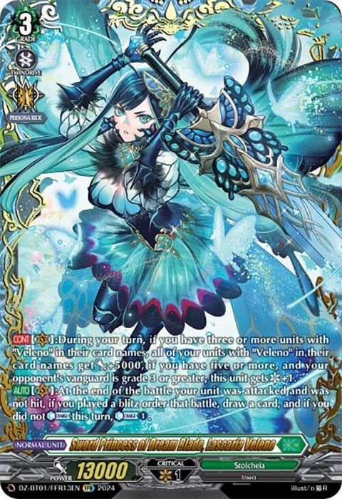 A colorful fantasy card featuring a female character with long aqua hair, dressed in elaborate, magical blue armor adorned with golden accents. She is wielding a staff surrounded by glowing blue and green energy wisps. This Sword Princess of Dream Blade, Lascaria Veleno (FFR) (DZ-BT01/FFR13EN) [Fated Clash] by Bushiroad details her abilities and stats at the bottom.