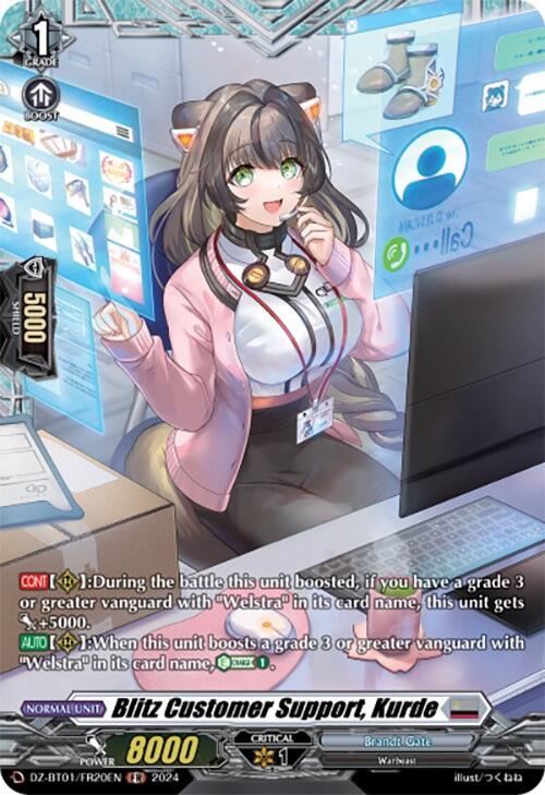 A card from a trading card game features a young woman named Kurde with cat ears and olive hair, smiling and wearing a headset with a microphone. She is dressed in a white shirt, pink cardigan, and ID badge. Text details her abilities, with stats shown at the bottom of the Blitz Customer Support, Kurde (FR) (DZ-BT01/FR20EN) [Fated Clash] card's bright tech-themed background.
