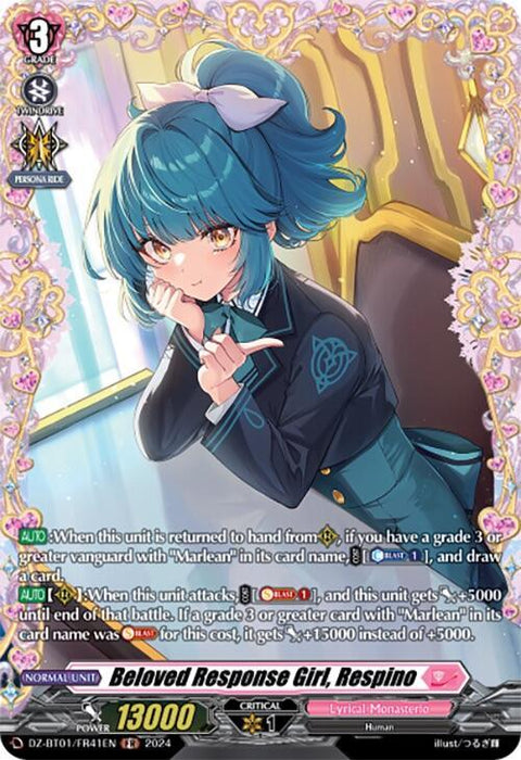 A card from the trading card game, Weiß Schwarz. The card's title is "Beloved Response Girl, Respino (FR) (DZ-BT01/FR41EN) [Fated Clash]," illustrated by Monasterio. It features a teal-haired girl in a school uniform with blue and pink accents, holding a finger to her chin. This Frame Rare card has various stats and abilities written on it by Bushiroad.