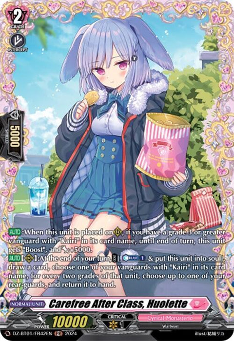 A trading card featuring anime character Huoliette from the Lyrical Monasterio series. Huoliette has lavender hair, wears a gray school uniform, and holds a chip while eating from a pink-striped bag of chips. The card details stats like 10000 power and abilities for gameplay use, perfect for any **Carefree After Class, Huolette (FR) (DZ-BT01/FR42EN) [Fated Clash]** by **Bushiroad**.