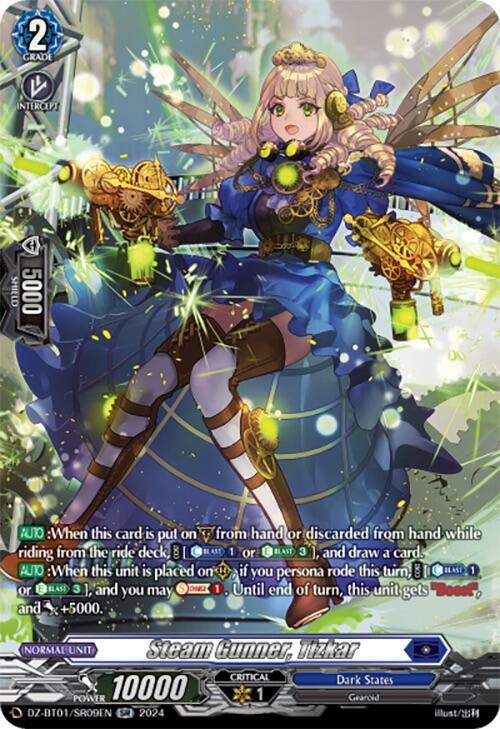 A fantasy-themed card depicts "Steam Gunner, Tizkar (SR) (DZ-BT01/SR09EN) [Fated Clash]" from Bushiroad. She has long blonde hair, wears a blue and gold outfit, and is surrounded by intricate steampunk elements. With glowing green artifacts in both hands, text detailing her abilities is featured at the bottom.