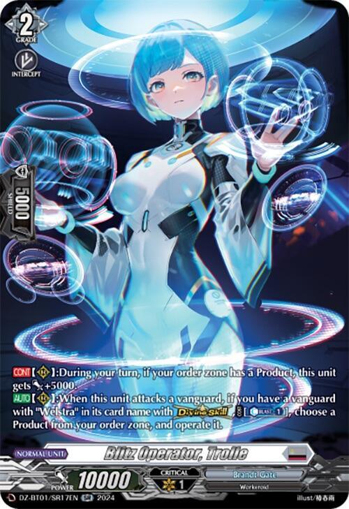 The image features a "Blitz Operator, Trolle (SR) (DZ-BT01/SR17EN) [Fated Clash]" trading card from the "Cardfight!! Vanguard" game by Bushiroad. The illustration shows a futuristic Workeroid female character with short blue hair in a white and black uniform, surrounded by holographic interfaces, representing the Brandt Gate faction.