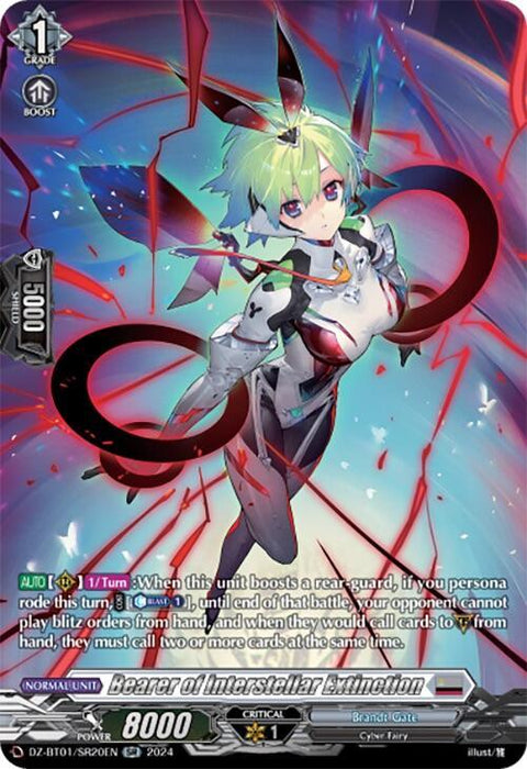 A trading card features a futuristic female cyber warrior with green hair, glowing red eyes, and intricate armor. She stands amidst red, ribbon-like energy tendrils. The card text details her abilities, stats, and affiliations, including "Bearer of Intersellar Emoticon," "Brandt Gate," and "Cyber Fairy." Special edition for Bearer of Interstellar Extinction (SR) (DZ-BT01/SR20EN) [Fated Clash] by Bushiroad.