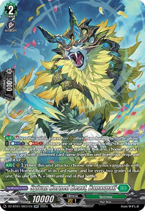 A trading card features a majestic Sylvan Horned Beast, Banaspati (SR) (DZ-BT01/SR31EN) [Fated Clash] from Bushiroad. This SR Card depicts the creature with vibrant, leafy green and yellow armor adorned with blue and purple accents. It possesses one massive horn and draconic wings. The text below outlines its abilities and stats, with a power level of 10,000.