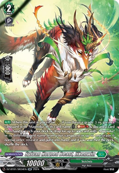 A fantasy trading card named "Sylvan Horned Beast, Ilkenwin" from the brand Bushiroad and part of the Fated Clash series (DZ-BT01/SR34EN). The creature depicted on the SR rarity card resembles a fox adorned with green and red foliage-like fur and wooden antlers. It showcases impressive stats with 10000 power, a critical value of 1, alongside various descriptive abilities and effects.