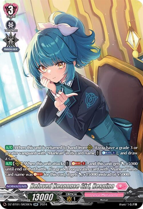 A trading card from Cardfight Vanguard featuring an anime-style illustration of a girl with short teal hair and a blue and white school uniform. She sits on a fancy chair in a thoughtful pose. The card's name is "Beloved Response Girl, Respino (SR) (DZ-BT01/SR39EN) [Fated Clash]," boasting 13000 power, 1 critical, and detailed abilities fit for a Fated Clash by Bushiroad.