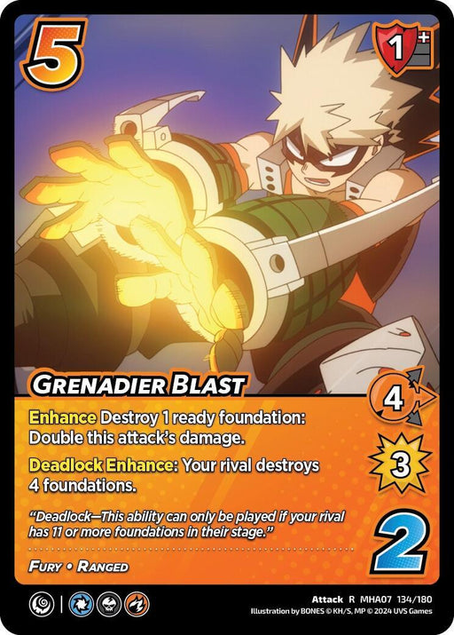 A trading card featuring a character with spiky blonde hair wearing a black and white outfit with large orange gauntlets. The character is in an aggressive stance, with a glowing yellow energy blast forming from their gauntlets, signifying a ranged attack. The card lists various stats and abilities. This is the **Grenadier Blast [Girl Power]** from **UniVersus**.