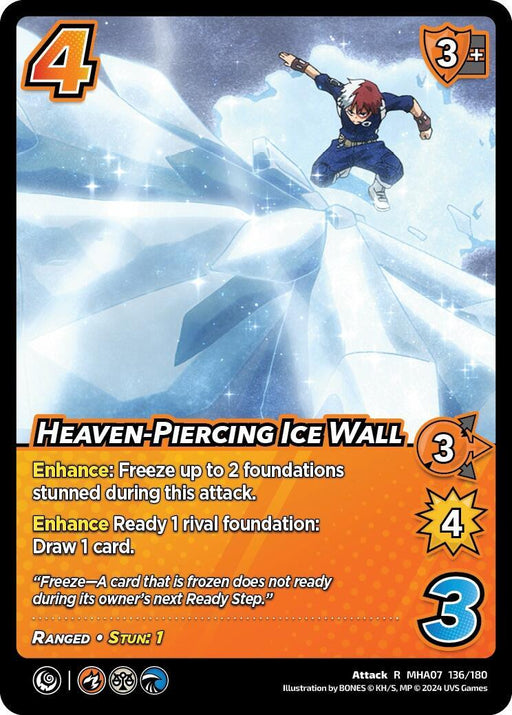 A game card titled "Heaven-Piercing Ice Wall [Girl Power]" from UniVersus features a character in red and white clothing leaping against a background of large ice shards. The card has an orange border with four symbols at the top left and right, text detailing attack stats, and abilities like ranged attacks and stunning effects described at the bottom.