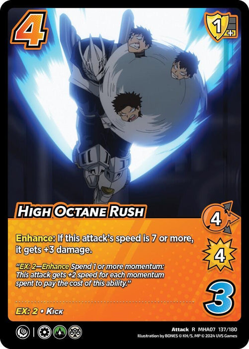 A rare trading card titled "High Octane Rush [Girl Power]" by UniVersus depicts action art of a character in armor kicking and attacking multiple enemies. With a 4 difficulty and 1 check, its abilities include Enhance and EX:2. It features text on attack boosts and has stats: 4 high attack, 4 range, and 3 speed.