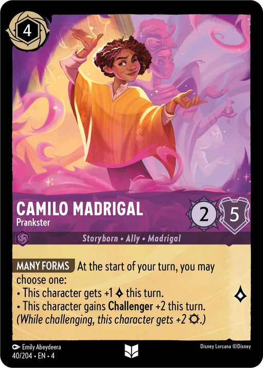 An illustrated card titled "Camilo Madrigal - Prankster (40/204) [Ursula's Return]" with a purple border. This uncommon card by Disney features a character with short, curly hair, wearing a multicolored shirt, floating in a magical aura. It includes stats: cost 4, attack 2, defense 5. The abilities are detailed in the bottom half.