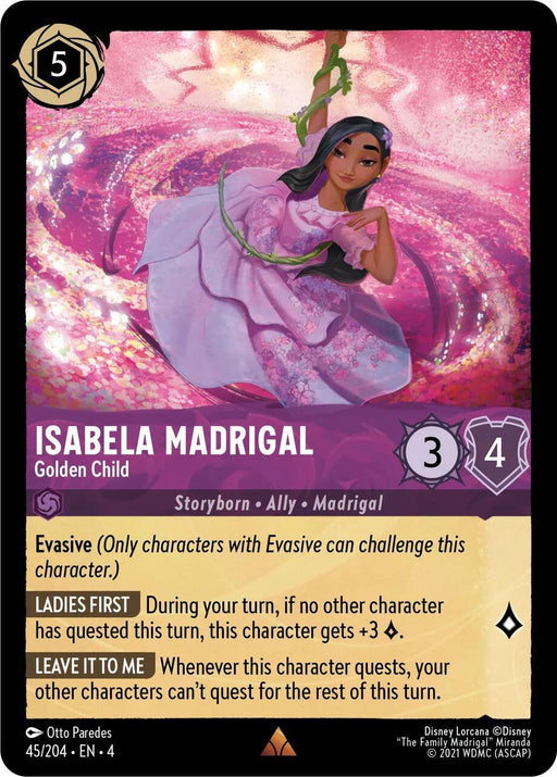 A rare Disney Lorcana trading card featuring Isabella Madrigal - Golden Child (45/204) [Ursula's Return]. She is framed by a swirling background of flowers and leaves. Text details her abilities: Evasive, LADIES FIRST (granting +3 offense if no other characters quested this turn), and LEAVE IT TO ME (drawing a card if she quests).
