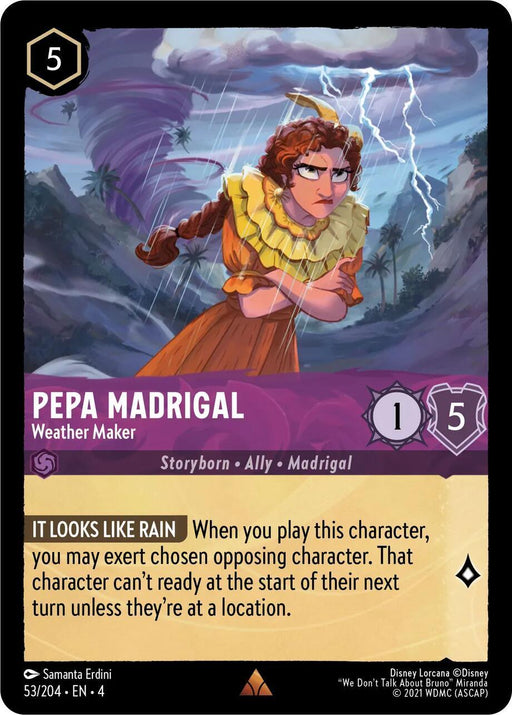 A Disney Lorcana trading card featuring the rare Pepa Madrigal - Weather Maker (53/204) [Ursula's Return], a female character with a stern expression, wearing a yellow dress and earrings. She stands in front of a stormy sky with lightning. The card has "5" cost, purple background, "It Looks Like Rain" ability, and stats of 1 power and 5 toughness.