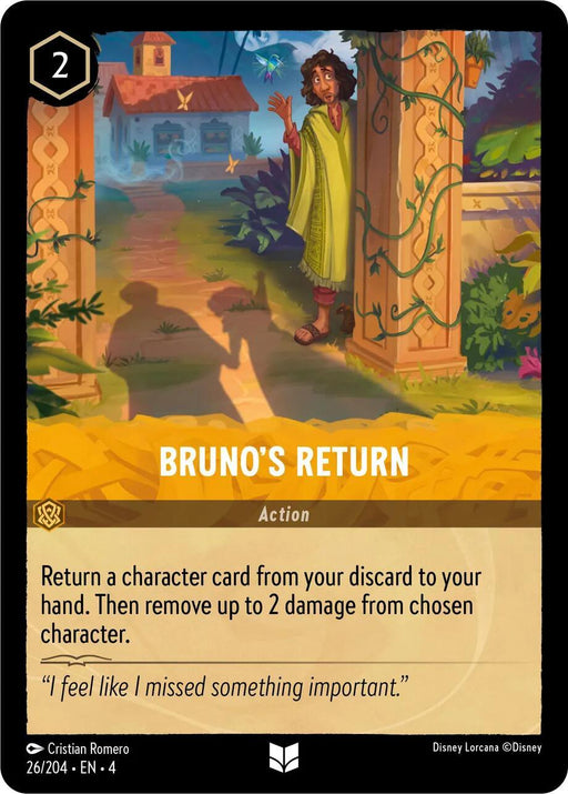 A Disney trading card titled "Bruno's Return (26/204) [Ursula's Return]" features an illustration of a man with curly hair and a green cloak, gesturing with an animated expression amidst colorful, overgrown surroundings. The card has an action effect; it returns a character card from the discard to hand.