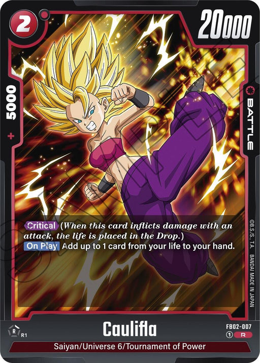 A battle card featuring Caulifla from the Dragon Ball series. Caulifla, with her spiky blonde hair, is dressed in a red top and purple pants, shown powering up with a blazing yellow aura. The card has a power level of 20,000 and critical ability. The card name reads "Caulifla (FB02-007) [Blazing Aura]" from Dragon Ball Super: Fusion World.
