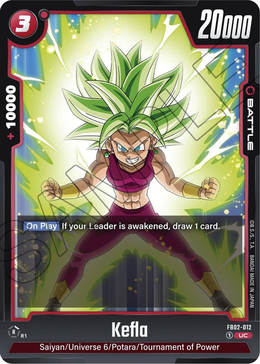 This Dragon Ball Super: Fusion World battle card features Kefla (FB02-012) [Blazing Aura], a fusion of Caulifla and Kale, standing in a battle-ready pose with blazing aura and spiky green hair. The card shows Power: 20,000, Combo: +10,000, Cost: 3, and text "On Play: If your Leader is awakened, draw 1 card.