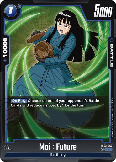 A trading card from Dragon Ball Super: Fusion World called "Mai: Future [Blazing Aura]" showcases Mai standing with a blazing aura. She has long black hair, is dressed in a blue outfit, and holds an open canister. The card features attack and power stats of 5000, an On Play ability, and is categorized under Earthling and Battle Cards with the identifier FB02-062.