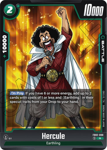 A Dragon Ball Super: Fusion World battle card featuring Hercule [Blazing Aura] with a vibrant golden background, showcasing his white cape, red robe, large gold medallion, power of 10,000 and cost of 2. It includes special abilities related to cards and traits.