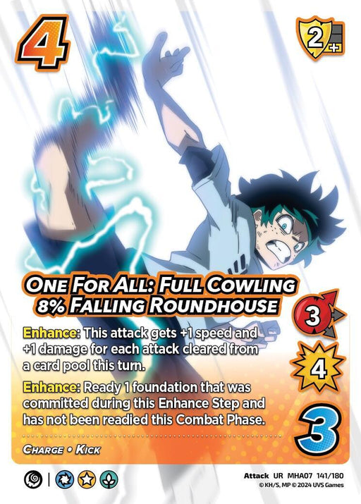 A card from a game features a character in a dynamic pose with electricity surrounding them. Text reads "One For All: Full Cowling 8% Falling Roundhouse [Girl Power]." Attributes include "4 difficulty," "+1 speed & +1 damage enhance," and "ready foundation enhance." An Ultra Rare card with attack 3, block 4, difficulty 4. Brand Name: UniVersus.