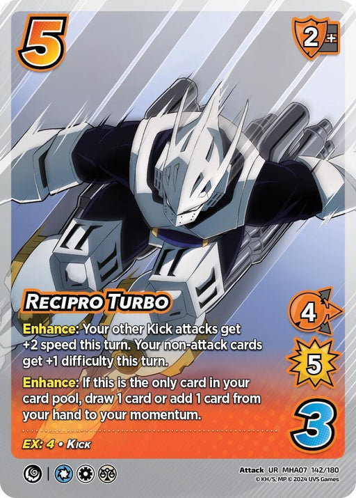 A trading card titled "Recipro Turbo [Girl Power]" features a dynamic image of a character dressed in a silver and black futuristic suit, seemingly flying or in rapid motion. This ultra rare card from UniVersus has a power value of 5, a damage value of 4, speed rating of 5, and block rating of 2+. It includes text describing various abilities and enhancements. The background is a gradient of
