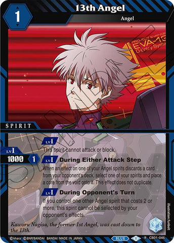 A rare trading card titled "13th Angel (CB01-046) [Collaboration Booster 01: Halo of Awakening]" by Bandai featuring a grey-haired character with red eyes. The card, part of the Collaboration Booster 01 set, is categorized as "Spirit" with a cost of 1 and a power of 1000. It has two ability descriptions and character lore at the bottom, all bordered in blue with various text boxes.