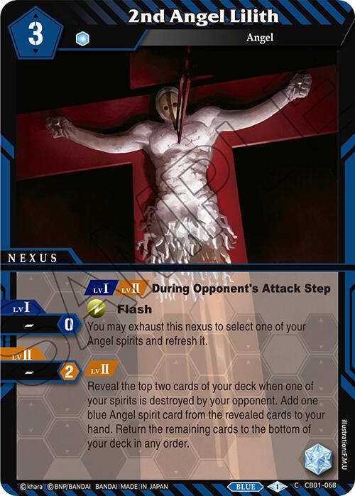 The image shows a trading card titled "2nd Angel Lilith (CB01-068) [Collaboration Booster 01: Halo of Awakening]," part of the Collaboration Booster, with a cost of 3. The card, produced by Bandai, depicts a cross with bandaged limbs outstretched and a white mask tied with red string. It has nexus abilities related to refreshing Angel spirits and manipulating the deck. The card's color is blue.