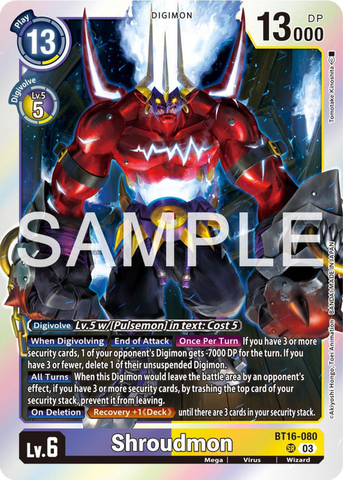 Digital illustration of Shroudmon [BT16-080] [Beginning Observer], a super rare Digimon card from the Battle of Omni series. Shroudmon is a dark, menacing figure with red and black armor, sharp claws, and glowing red eyes. The mega form card displays various stats and abilities, including a DP of 13000, cost of 13, and level 6. "SAMPLE" is overlaid in