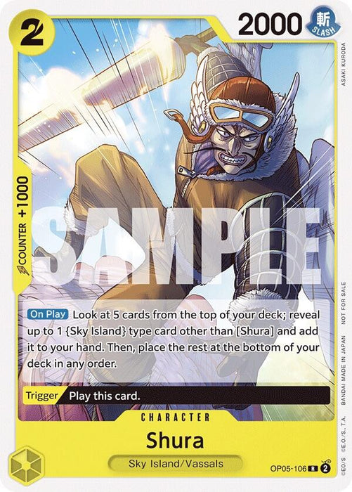 A rare trading card featuring the character Shura from the Sky Island/Vassals set. Shura, wearing goggles and a helmet, flies through the sky, gripping a spear. The card has 2000 power, a cost of 2, and a yellow border with effects detailed in text. A large “SAMPLE” watermark is overlaid. The product name is Shura (Tournament Pack Vol. 7) [One Piece Promotion Cards] by Bandai.