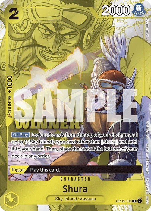 The trading card titled "Shura" (Winner Pack Vol. 7) [One Piece Promotion Cards] by Bandai is a rare character card featuring a warrior in yellow-and-green attire with white wings and blue-tinted glasses. It includes game details like cost (2), power (2000), and trigger effect. The ability lets you look at the top 5 cards of your deck and select one Sky Island card.