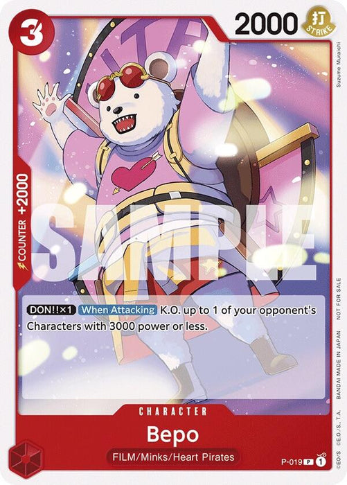 A One Piece promotion card showcases Bepo, a white bear in a pink spacesuit and yellow sunglasses, leaping with a clenched fist. The card features a red border, 2000 power, +2000 counter, 3 cost, and offers a special attack to K.O. an opponent’s character with 3000 power or less. "Sample" text overlays the card.

Bandai **Bepo (Tournament Pack Vol. 7) [One Piece Promotion Cards]** features this exciting character in dynamic action!